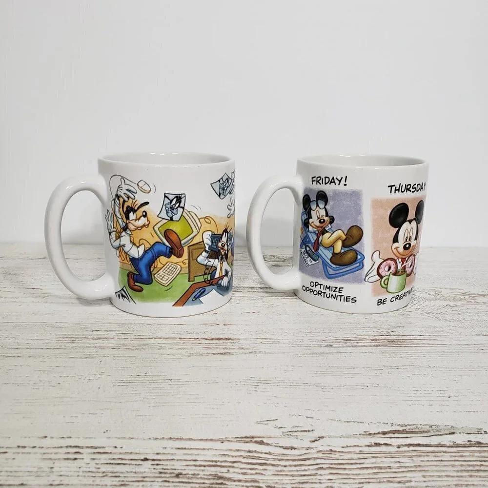 Pair of Disney Oversized Coffee Mugs  Mickey & Goofy in the Workplace / Office